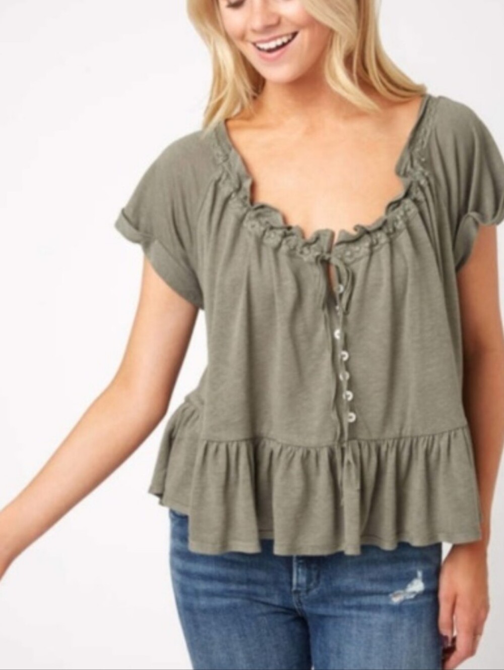 Free People Olive Green Ruffle-Trim Button Tee